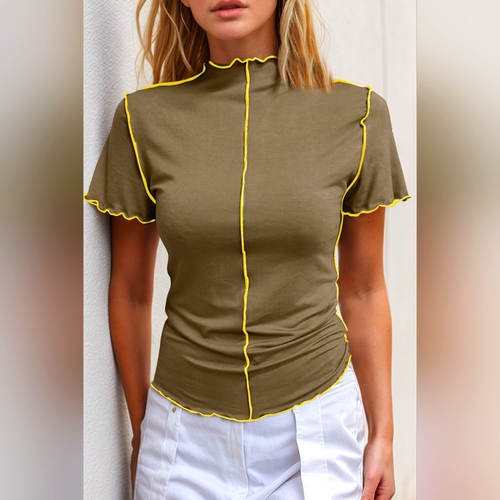 Basic Bae Contrast Trim Mock Neck Short Sleeve T-Shirt
